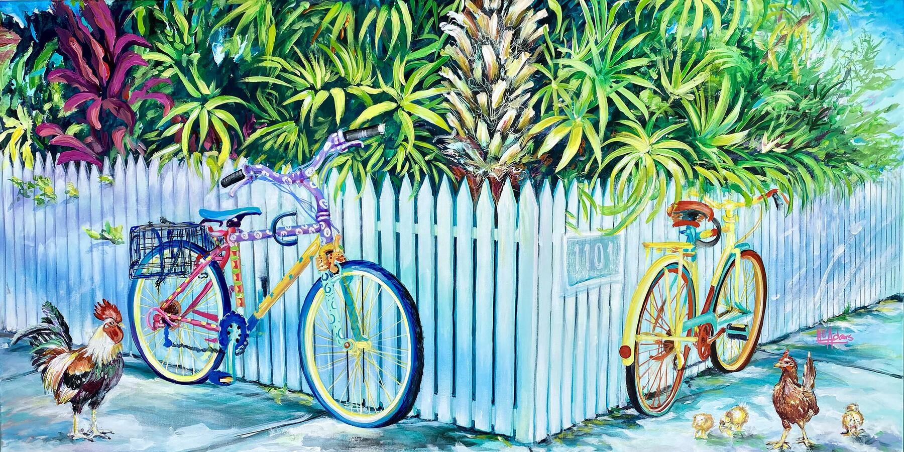 Two brightly painted bicycles leaning against a white picket fence, with a rooster, a hen and chicks on the sidewalk and dense green tropical planting behind.