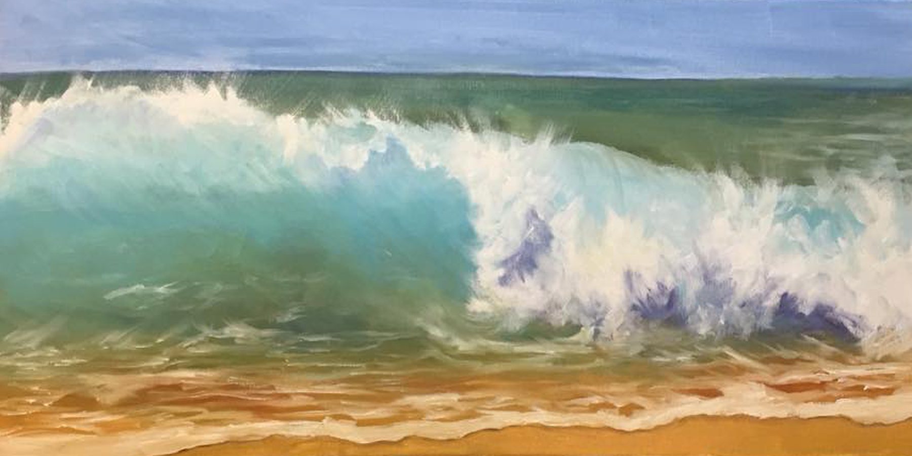 Painting of a breaking wave curling over pale sand.
