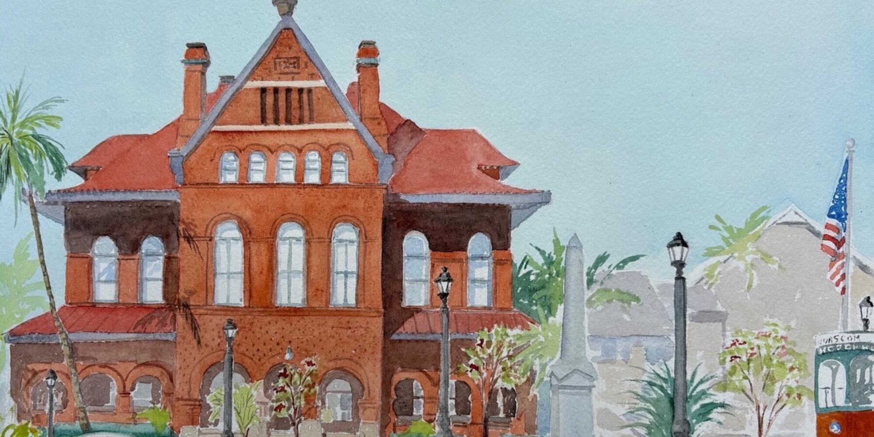 The red brick Custom House in Key West under a blue sky, with palms and a streetcar passing.