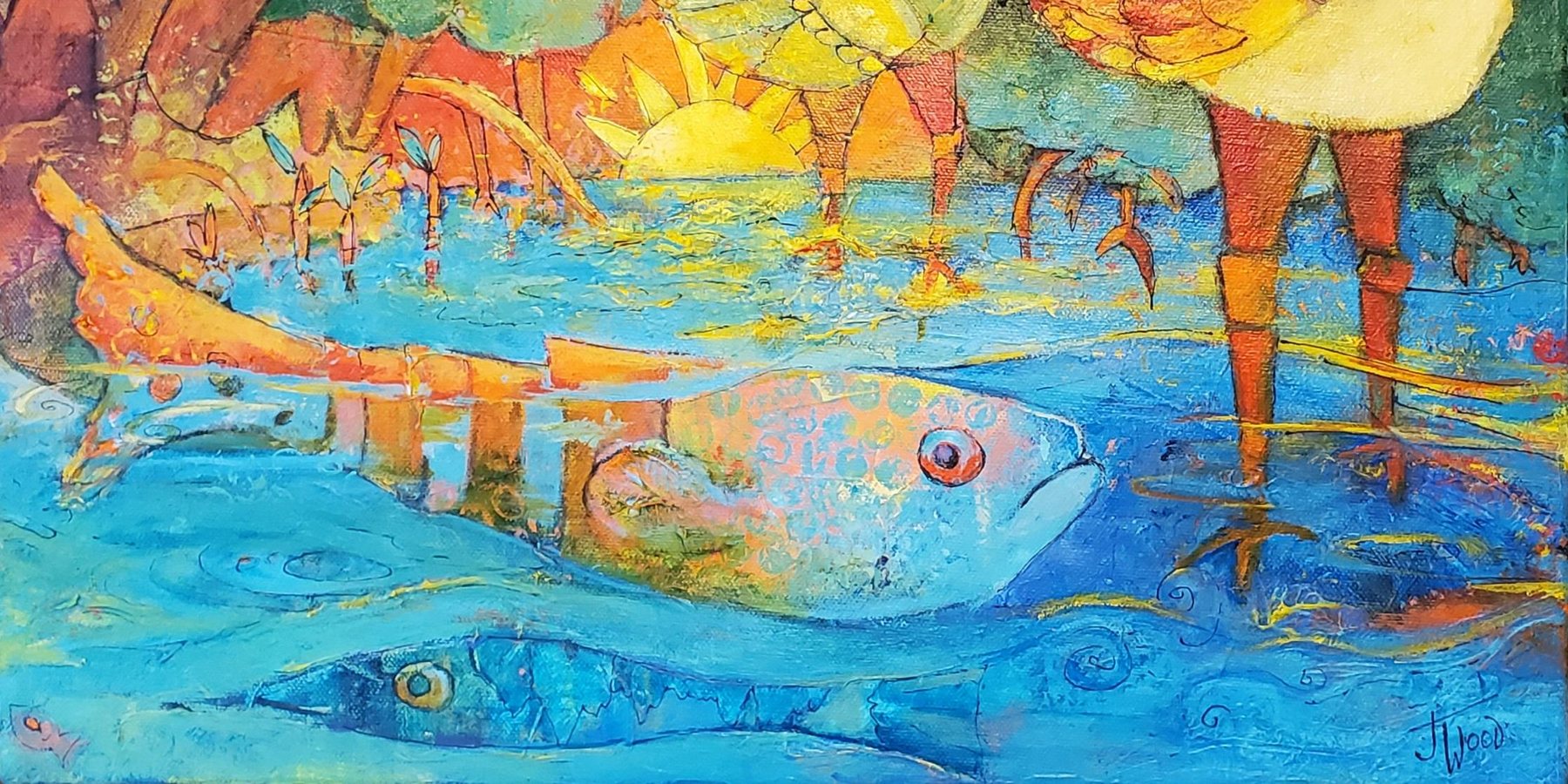 Painting of wading birds in shallow water, their legs and reflections broken into blues and oranges.